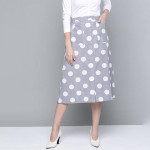 Grey & White Polka Dot Print Cotton Linen Front Slit Midi A-Line Skirt