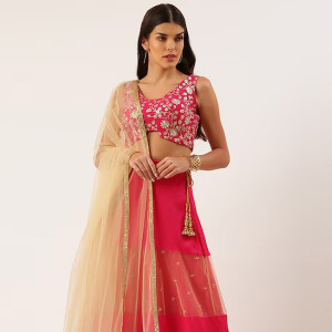 Pink Sequinned Ready to Wear Lehenga Blouse With Dupatta Potli Bag