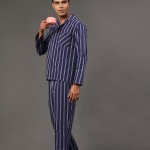 Striped Lapel Collar Pure Cotton Night Suit