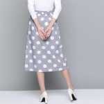 Grey & White Polka Dot Print Cotton Linen Front Slit Midi A-Line Skirt