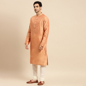 Men Peach-coloured Printed Cotton Sherwani Set